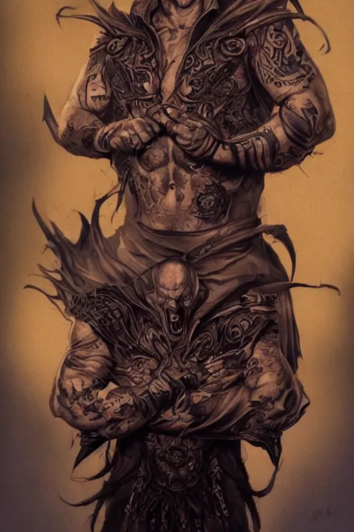 Prompt: Portrait of Bill Burr frontal standing pose torso as a very attractive man heavily Tattoed, all his skin is covered by BIKER tattoos, surrounded by magic lightings overlays, Intricate, concept art, magic lighting overlays, magical portal opened, D&D!, fantasy style, sharp focus!, ultra detailed, art by Artgerm and Peter Andrew Jones, WLUP, Magali Villeneuve