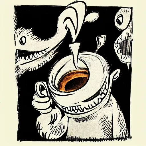 Prompt: highly detailed illustration of a monster smiling like crazy and dancing holding a beautiful steaming cup of coffee, style of Japanese illustration, Maurice Sendak, Tove Jansson