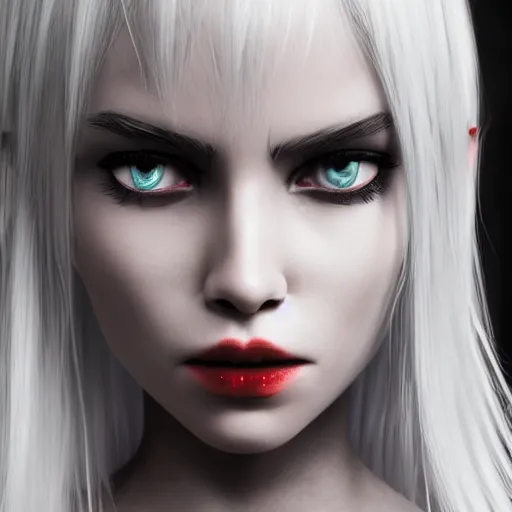 Image similar to a highly detailed portrait of a humanoid demon girl with white hair, red horns, in white clothes, artstation, deviantart, professional, unreal engine 5, photorealistic