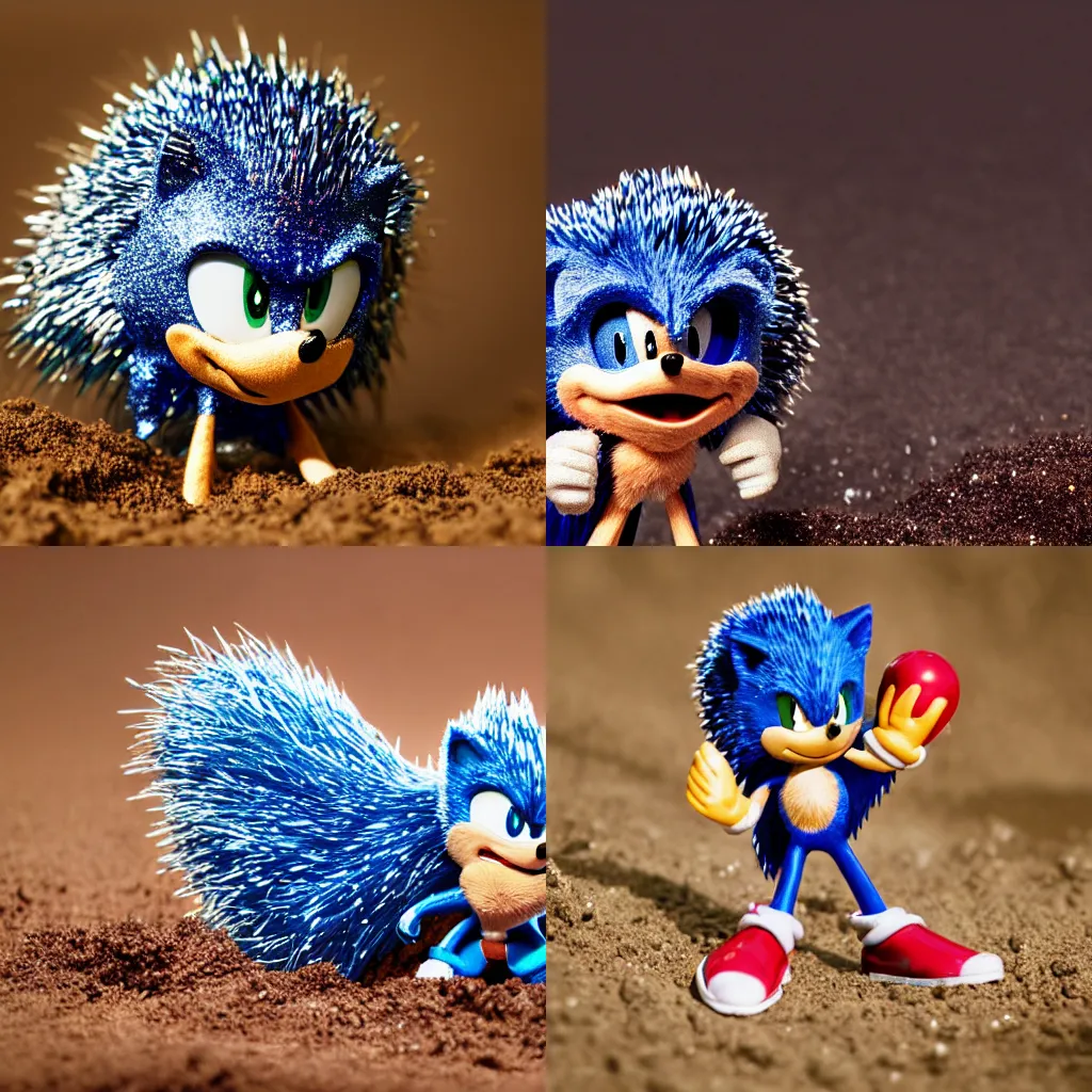 Prompt: n extreme close up of a glittery plastic toy sonic the hedgehog in the dirt , high DOF, National Geographic, F 1.8, Kodak Portra