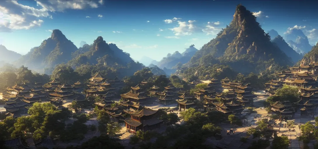 Image similar to epic view of beautiful ancient chinese city, clear blue skies, mountains and hills in the far background distance, unreal engine, dramatic lighting, detailed, ambient occlusion, global illumination, god rays, 3 d artstation render by greg rutowski and jessica rossier