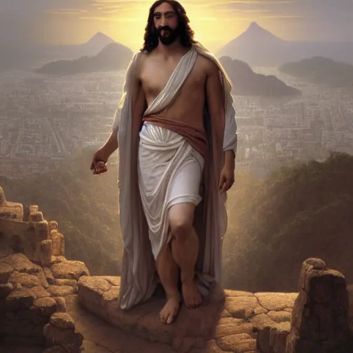 Image similar to an extremely detailed matte painting of a ridiculously good looking jesus that looks like a jewish gigachad as the christo redentor, long curly hair, elegant ancient greek dress, very detailed, rio de janeiro, beautiful, intricate, cinematic, artstation, william bouguereau, alphonse mucha, greg rutkowski, rossdraws, octane render