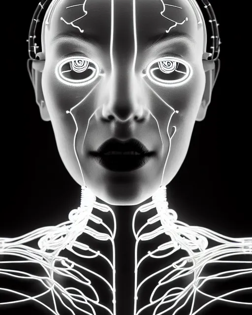 Image similar to black and white spiritual connected young female cyborg - plant goddess high quality photo, microchip, artificial intelligence, bio - mechanical bio - luminescence, black wired cables, neurons, nerve cells, cinematic, rim light, photo - realistic, elegant, high detail, 8 k, masterpiece, high fashion