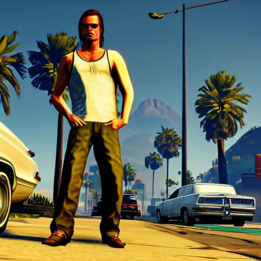 Prompt: gta 5, grand theft auto 5 of brad pitt. los santos in background, palm trees art style stephen bliss
