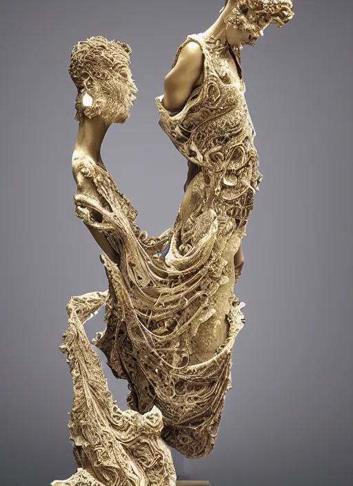 Image similar to marble sculpture of multiple beautiful women, oil slick, palladium veins, dripping, mandelbulb, hypercube, ivory carving, fractal paisley inlay, lace, intricate, elegant, highly detailed, gold inlay, metallic, ivory, artgerm, lace, by ruan jia, greg rutkowski, mucha, zbrush, nick alm