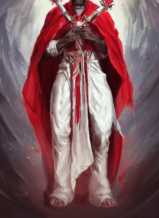 Prompt: a highly detailed illustration of white haired african priest, wearing cross on robe, wielding red blades made of blood, evil standing smiling pose, blood flowing around him background, muscular, intricate, elegant, highly detailed, centered, digital painting, artstation, concept art, smooth, sharp focus, league of legends concept art, WLOP