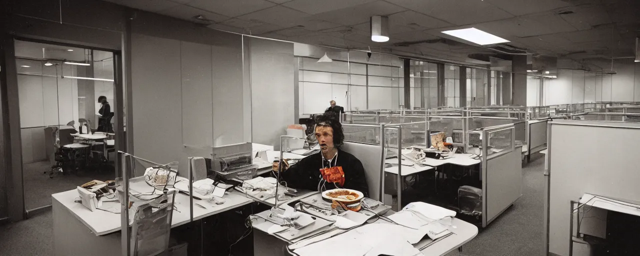 Image similar to security cam photo of a worker eating spaghetti!! alone at their cubicle, evening, kodachrome, in the style of wes anderson, retro