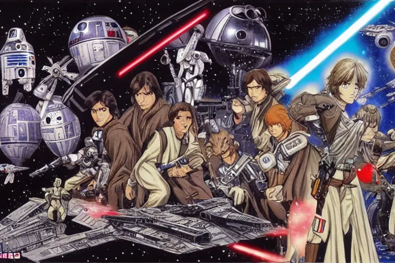 Prompt: star wars illustration in the style of yoshitaka amano, 1 9 7 7 anime, 4 k, remastered, high resolution, 2. 3 5 : 1 ratio