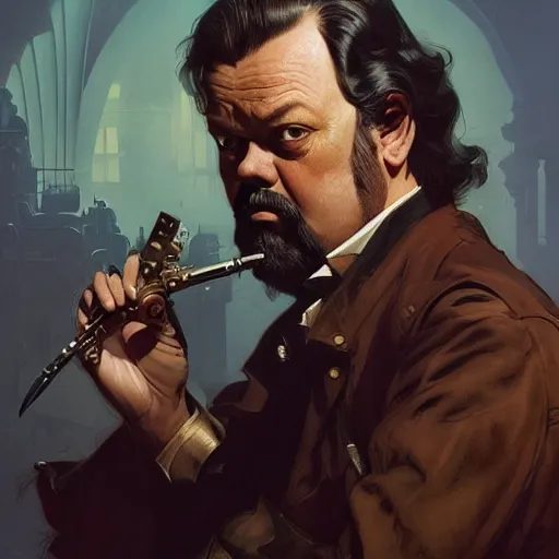 Image similar to orson welles, portrait, western, steampunk, duster, fantasy, intricate, elegant, highly detailed, digital painting, artstation, concept art, sharp focus, illustration, art by artgerm and greg rutkowski and alphonse mucha