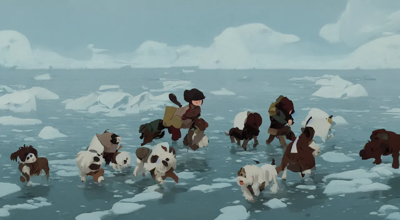 Prompt: havanese dogs dragging arctic explorers by their clothes from the water, 1 9 0 0, tartakovsky, atey ghailan, goro fujita, studio ghibli, rim light, scary, afternoon lighting, clear focus, very coherent