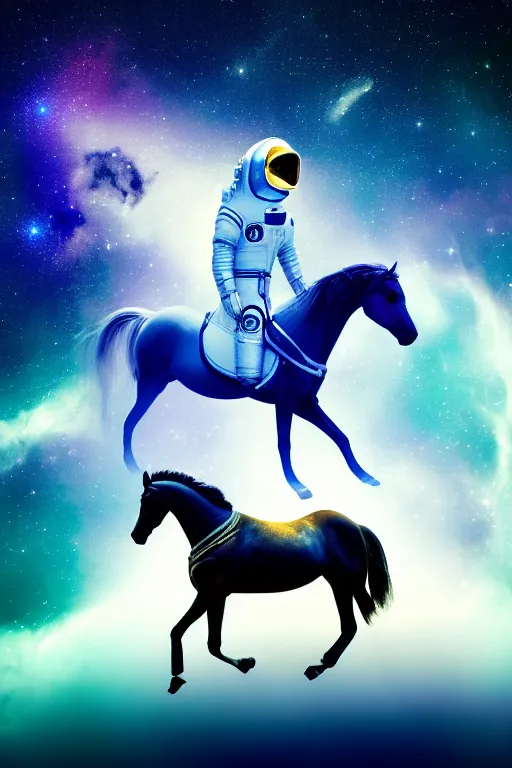 Image similar to astonaut horse, wearing space helmet, floating in space, nebulas and stars in background, space photography, ultrarealistic, sharp focus, intricate, ultra high definition, ultra resolution details, no duplicate, proportional, shadow effect, baroque environment