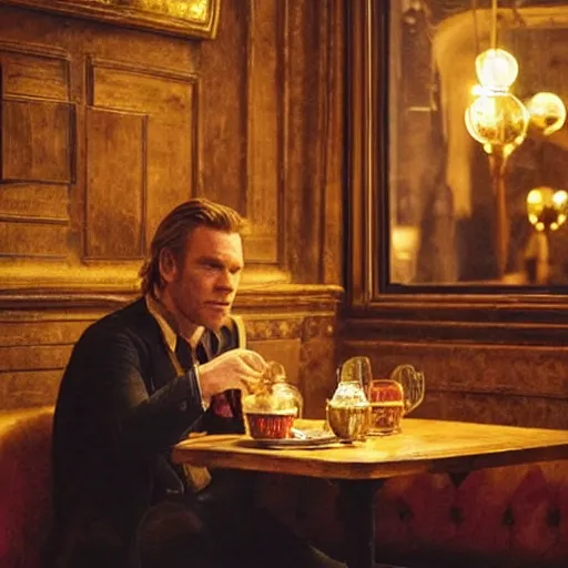 Image similar to ewan mcgregor is sitting at table in a cafe at paris in early 2 0 th century. atmospheric feeling, warm colours, brown colours, yellow colours, epic scene, cinematic, very detailed