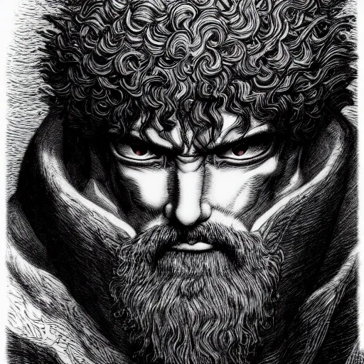 Prompt: a beautiful portrait of man by kentaro miura and gustave dore, berserk style, hyperdetailled manga character