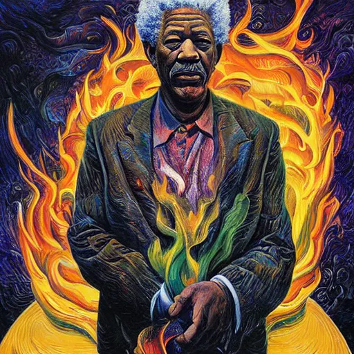 Prompt: morgan freeman as anthropomorphic god of fire, surreal by dan mumford and umberto boccioni, oil on canvas