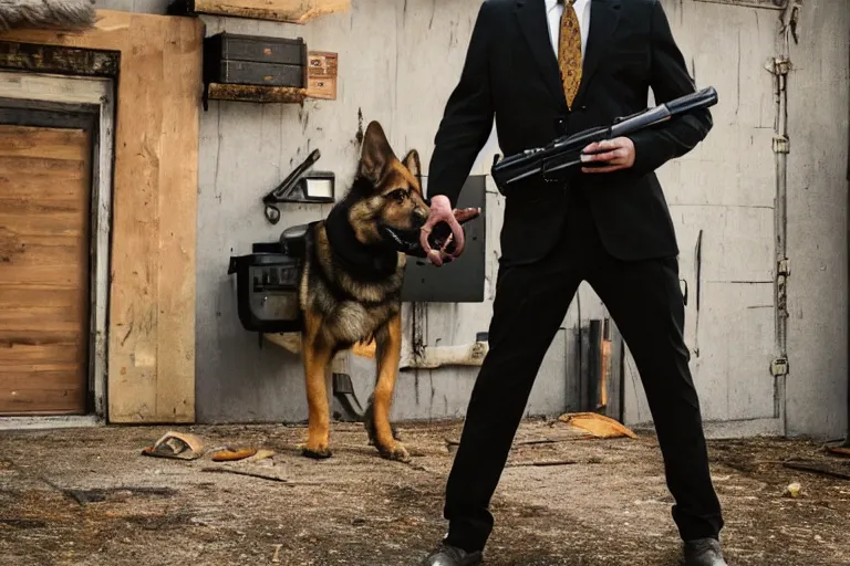 Prompt: film still of furry anthro anthropomorphic german shepard head animal person fursona wearing clothes a suit and tie standing holding a gun in a garage in an action movie posing for the camera 2020, 4k