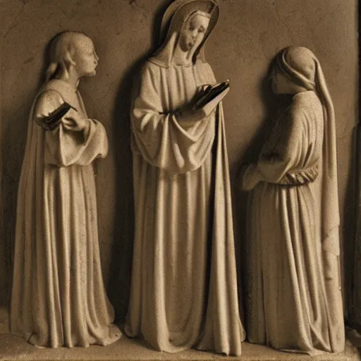 Image similar to 3 mary's, talking to 2 angels at the tomb of jesus, medium wide shot, velasquez