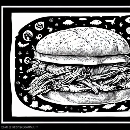 Prompt: pulled pork sandwich, artwork of joe fenton