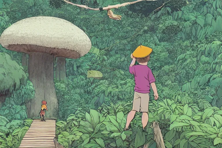 Prompt: insane perspective down view of a young adventurer boy with a hat on a large open path entering a vast paradise jungle with a distant clearing, giant mushrooms, large white birds flying, exotic vegetation, large rocks with thick moss, large jungle flowers, huge suspended wooden bridge, very graphic illustration by moebius and victo ngai, ghibli spirited away vibe, dynamic lighting, early morning mood