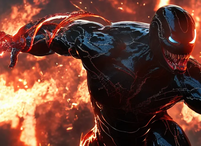 Prompt: venom fused with iron man, ultra realistic 4 k unreal engine very cinematic render with ray tracing bloom ambient occlusion strong reflections