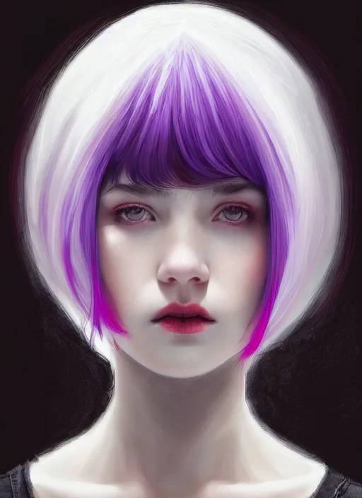 Image similar to portrait of teenage girl, red irises, bangs, black and white hair, white bangs, purple clothes, white bangs, two color hair, black hair and white bangs, intricate, elegant, glowing lights, highly detailed, digital painting, artstation, concept art, smooth, sharp focus, illustration, art by wlop, mars ravelo and greg rutkowski