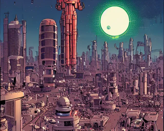 Image similar to gigantic solar robots towering over a small city by laurie greasley kelly freas