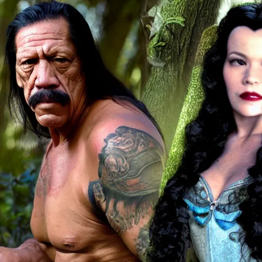 Image similar to danny trejo as snow-white i a magical forest