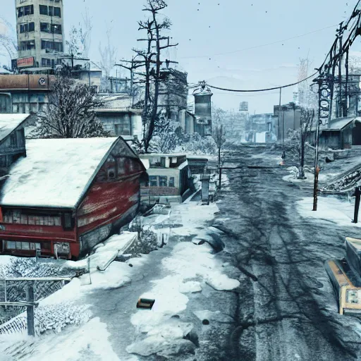 Prompt: Sapporo in the winter in ruins post-nuclear war in Fallout 4, in game screenshot