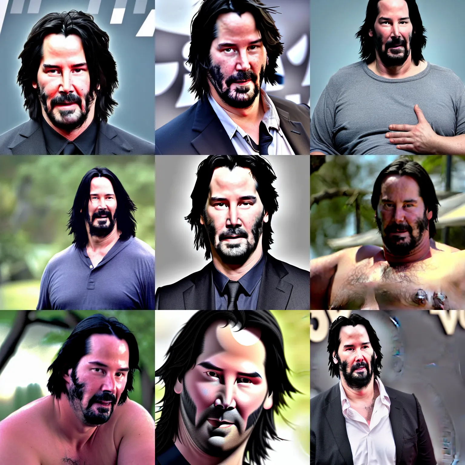 Prompt: obese keanu reeves holds his exposed belly on close up, overcast, real photograph, 8 k film still