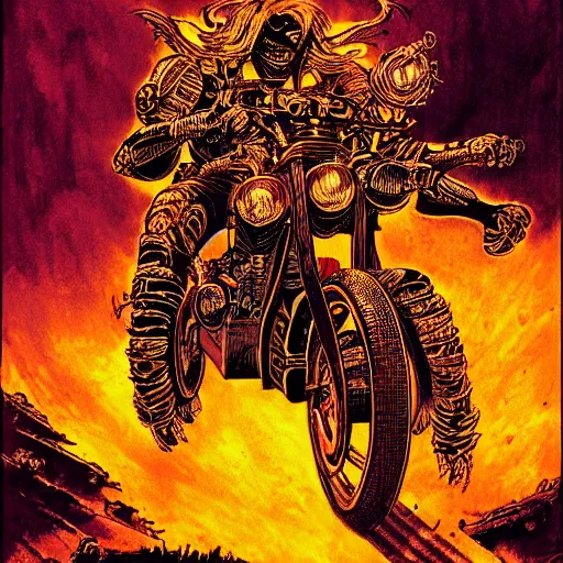 Prompt: infernal motorbiker, atmospheric lighting, painted, intricate, golden hour, ultra detailed by philippe druillet