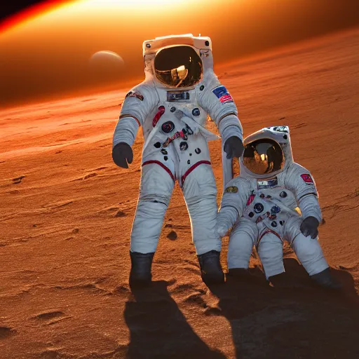 Image similar to two astronauts bowling on the sun, wide angle lens