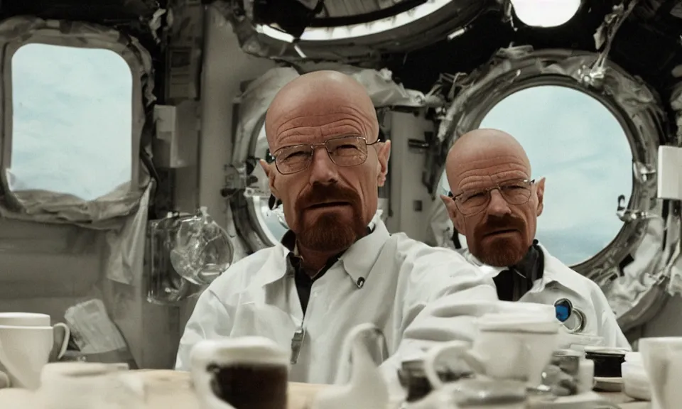 Image similar to 3 5 mm film still, walter white having a coffee break in space
