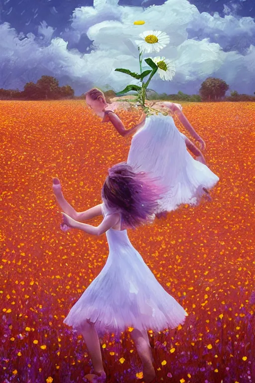 Image similar to giant white daisies flower as head, girl dancing in a flower field, surreal photography, sunrise, dramatic light, impressionist painting, colorful clouds, digital painting, artstation, simon stalenhag