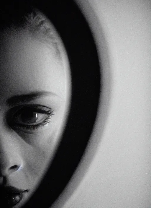 Image similar to cinestill 5 0 d candid photographic portrait by stanley kubrick of a beautiful mixed feminine man wearing black techwear and light makeup looking in a broken bathroom mirror, rundown new york apartment, medium closeup, retrofuturism grunge cyberpunk lights shadows refraction, 3 5 mm, f / 3 2, 4 k, 8 k, hd, high resolution, ultra realistic faces, intricate detail