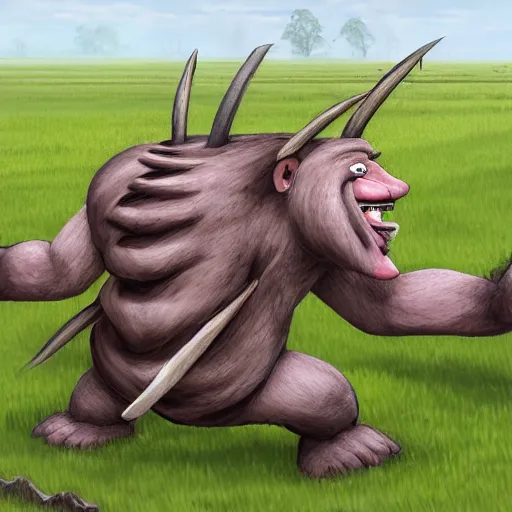 Image similar to A troll lumbers across a field. In its wake, it leaves a swath of destruction that looks like an angry god's handiwork. A few dozen meters out, it turns and bellows at them, revealing long tusks jutting from its lower jaw.