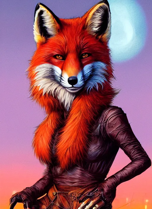 Image similar to aesthetic portrait commission of a of a female fully furry anthro ( red fox ) with a tail and a beautiful attractive hyperdetailed face wearing wearing a outfit in a sci - fi dystopian city at golden hour while it storms in the background. character design by dayer, diego 5, detailed, inked, western comic book art, award winning film poster painting, evocative