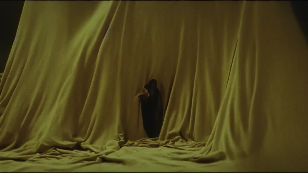 Prompt: a strange creature claws it’s way out of a spool of cloth in an Italian fabric store, film still from the movie directed by Denis Villeneuve with art direction by Zdzisław Beksiński, wide lens