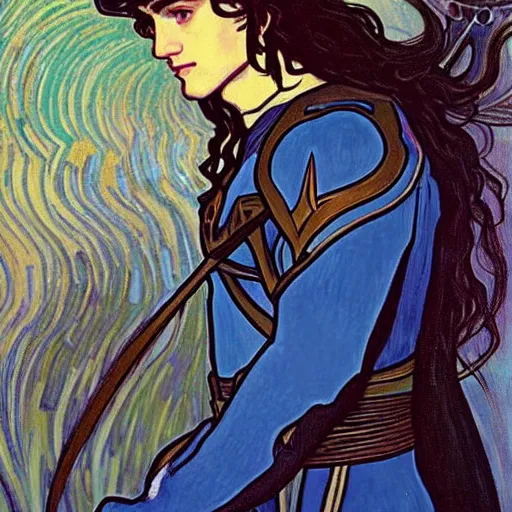 Image similar to painting of young handsome beautiful paladin elf! man with long wavy dark hair in his 2 0 s named shadow taehyung at the blueberry party, wearing armor!, elegant, clear, painting, stylized, delicate, soft facial features, art, art by alphonse mucha, vincent van gogh, egon schiele,