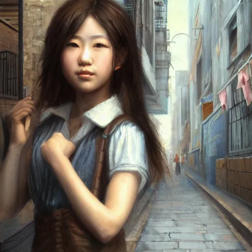 Image similar to a perfect, realistic professional oil painting in Italian renaissance style, of a Japanese schoolgirl posing in a dystopian alleyway, close-up, by a professional American senior artist on ArtStation, a high-quality hollywood-style concept