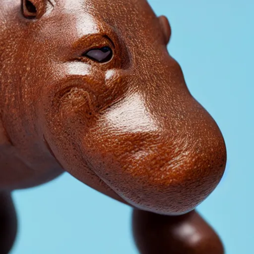 Image similar to small hippopotamus sculpture on a desk half wood and half blue epoxy sculpture, mix, decorative small, 3 5 mm macro photography, studio