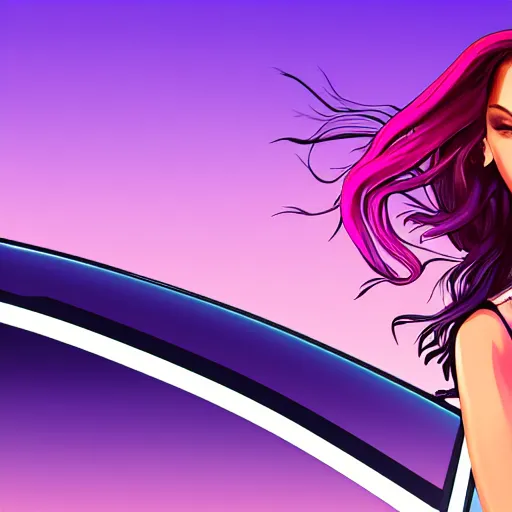 Prompt: a stunning GTA V loading screen with a beautiful woman with ombre hairstyle in purple and pink blowing in the wind leaning on a car, digital art, trending on artstation