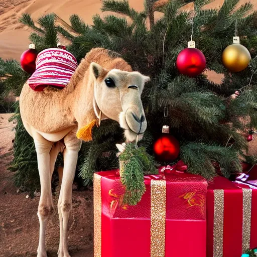 Image similar to camel in a hat on a Christmas tree, in the paw of coca cola, in the desert