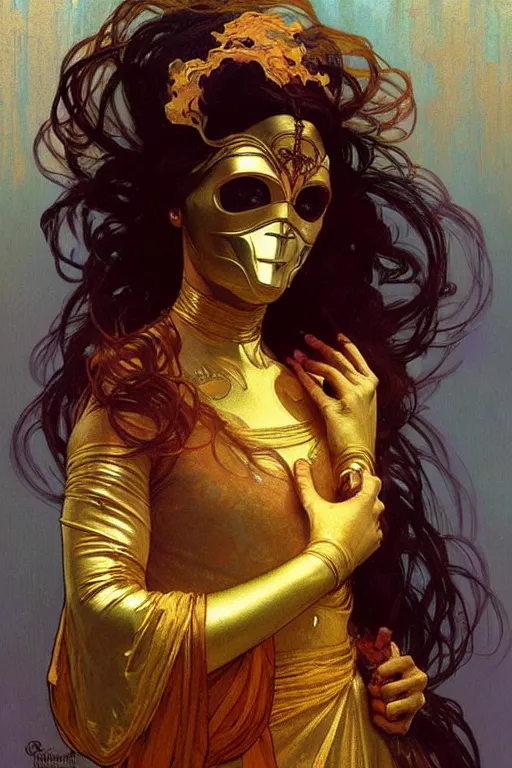 Prompt: A woman wearing golden mask, hair like fire, painting by greg rutkowski and alphonse mucha