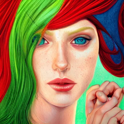 Image similar to a red haired, beautiful woman with blue / green eyes, some freckles, pale skin deep focus, elegant, digital painting, smooth, sharp focus, golden ratio, illustration, ultra realistic, 8 k, art by jasmine becket griffith