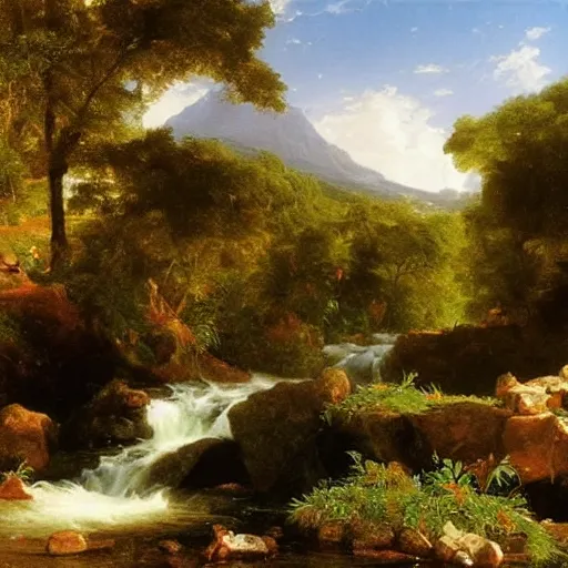 Image similar to the stream is a metaphor for life. it is always moving forward, even though it may meander. an oil painting by thomas cole