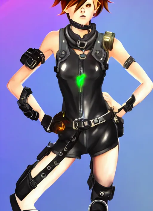 Image similar to full body digital artwork of tracer overwatch, wearing black iridescent rainbow latex tank top, 4 k, expressive happy smug expression, makeup, in style of mark arian, wearing detailed black leather collar, wearing chains, black leather harness, leather cuffs around wrists, detailed face and eyes,