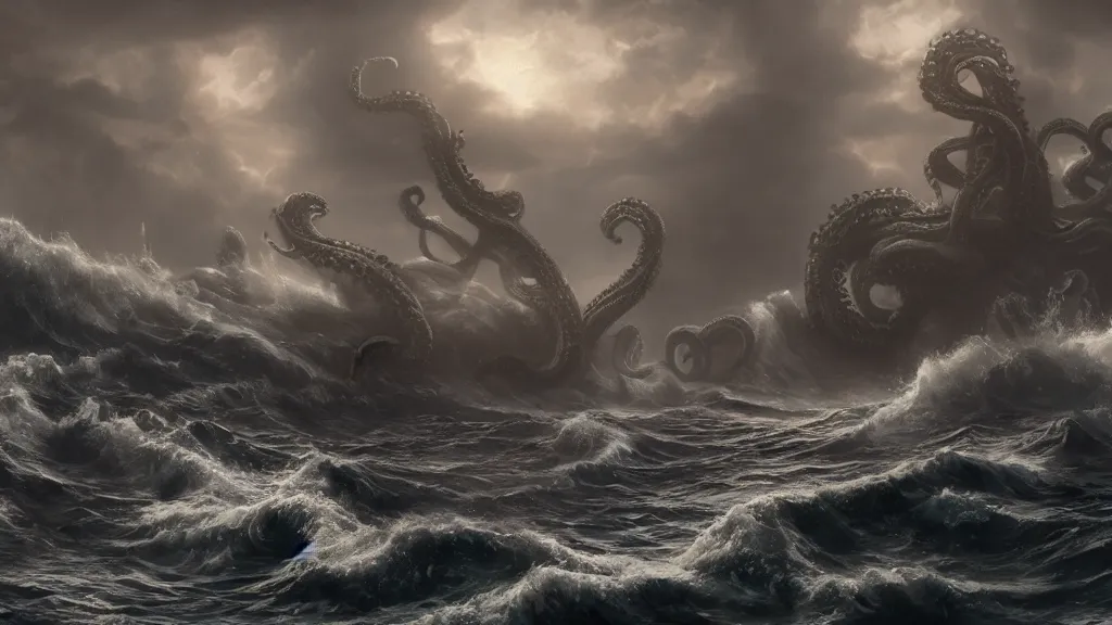 Prompt: A kraken rising out of a stormy sea, concept art, matte painting, 8k, highly detailed, artstation