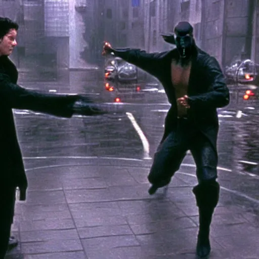 Prompt: the iconic matrix fight between neo and jar jar binks in the rain