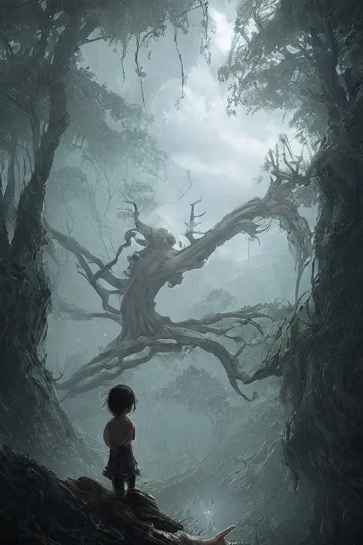 Prompt: a beautiful terrifying tree monster looms over a tiny human. at dawn, ethereal fantasy art by greg rutkowski