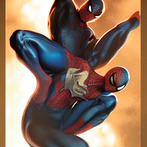 Image similar to ryan reynolds as a black and blue suit spider - man, cinematic, volumetric lighting, f 8 aperture, cinematic eastman 5 3 8 4 film, photorealistic by greg rutkowski, by stanley artgerm, by alphonse mucha