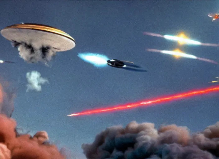 Prompt: a film still of an epic space ufo battle, explosions, colorful, thunderbirds, hbo, 4 k, hd, hyperrealistic, 7 0 mm, christopher nolan